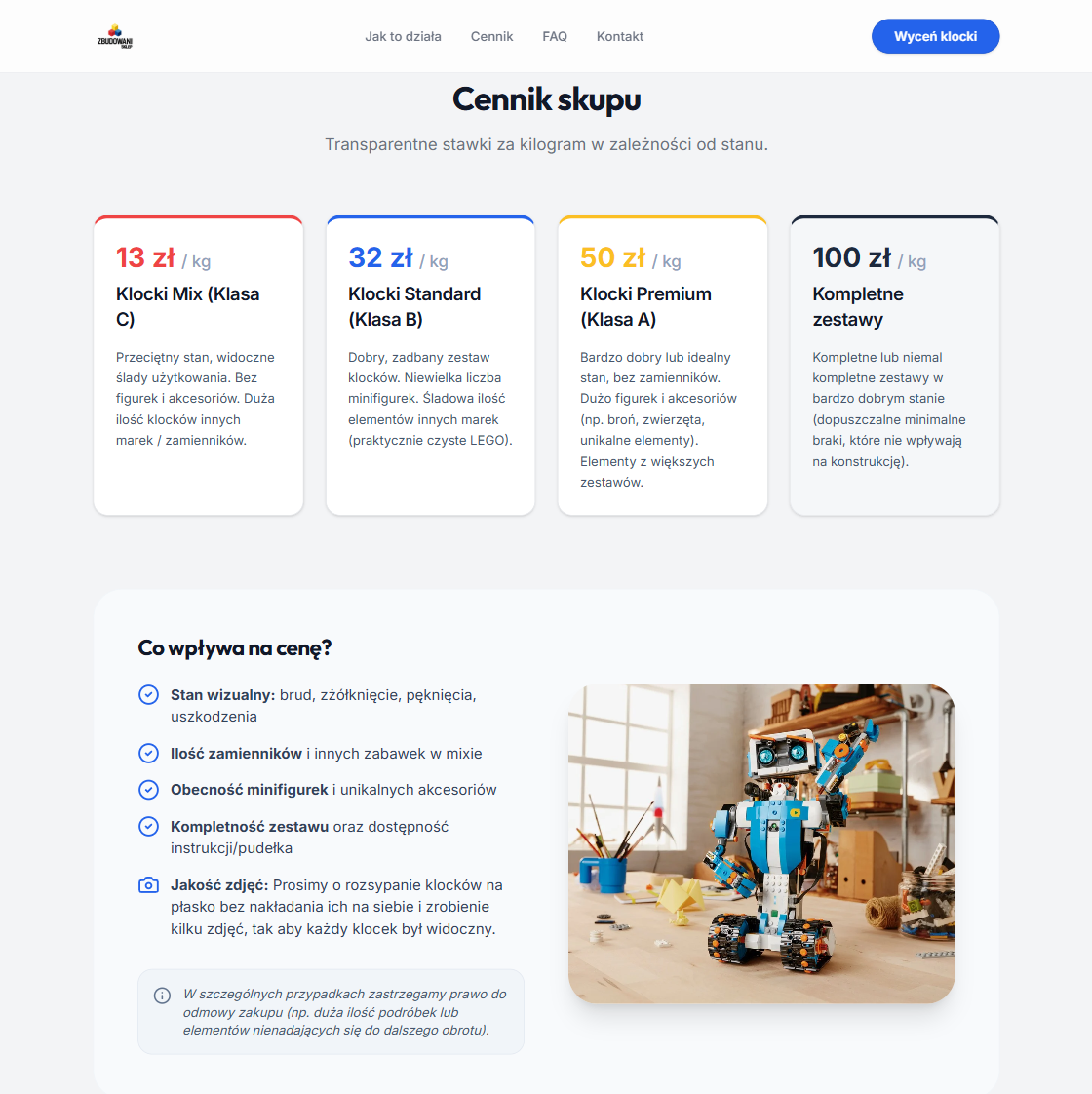 Skup klocków LEGO – sekcje i CTA